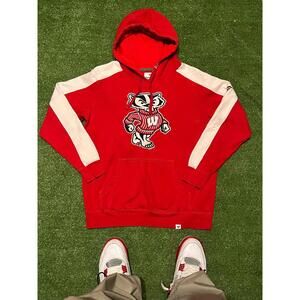 Red Wisconsin Badgers Hoodie with White Sleeve Stripes
